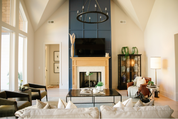 open concept living room with fireplace 