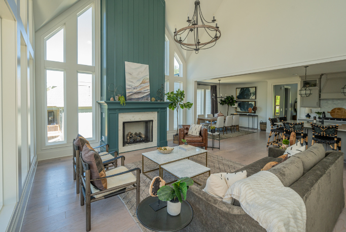 open concept kitchen living room and dining area